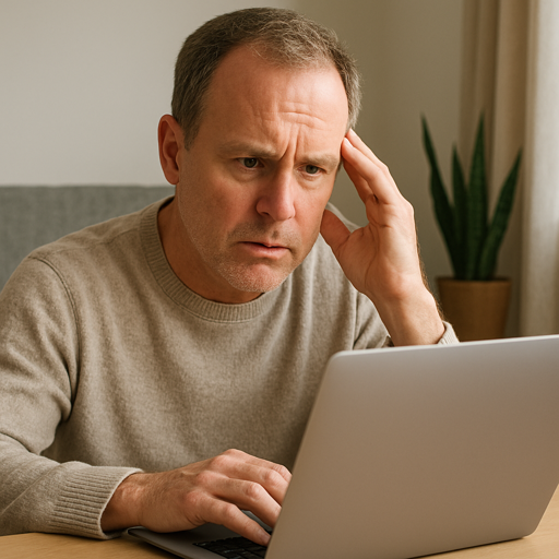 Confused HVAC business owner looking at laptop after discovering a fake Google Business Profile stealing his customers