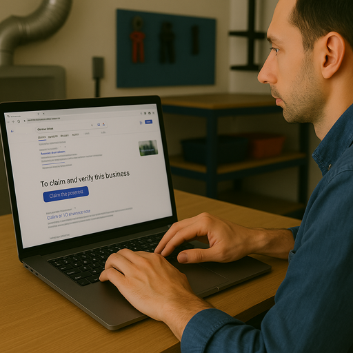 Person using a laptop to claim and verify a business on Google, representing the setup process for HVAC companies claiming their Google Business Profile.